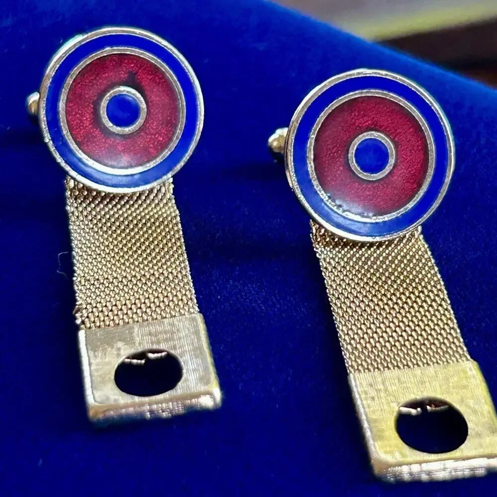 Vintage Blue and Red Bullseye Gold Tone Mesh Wrap Around Cufflinks